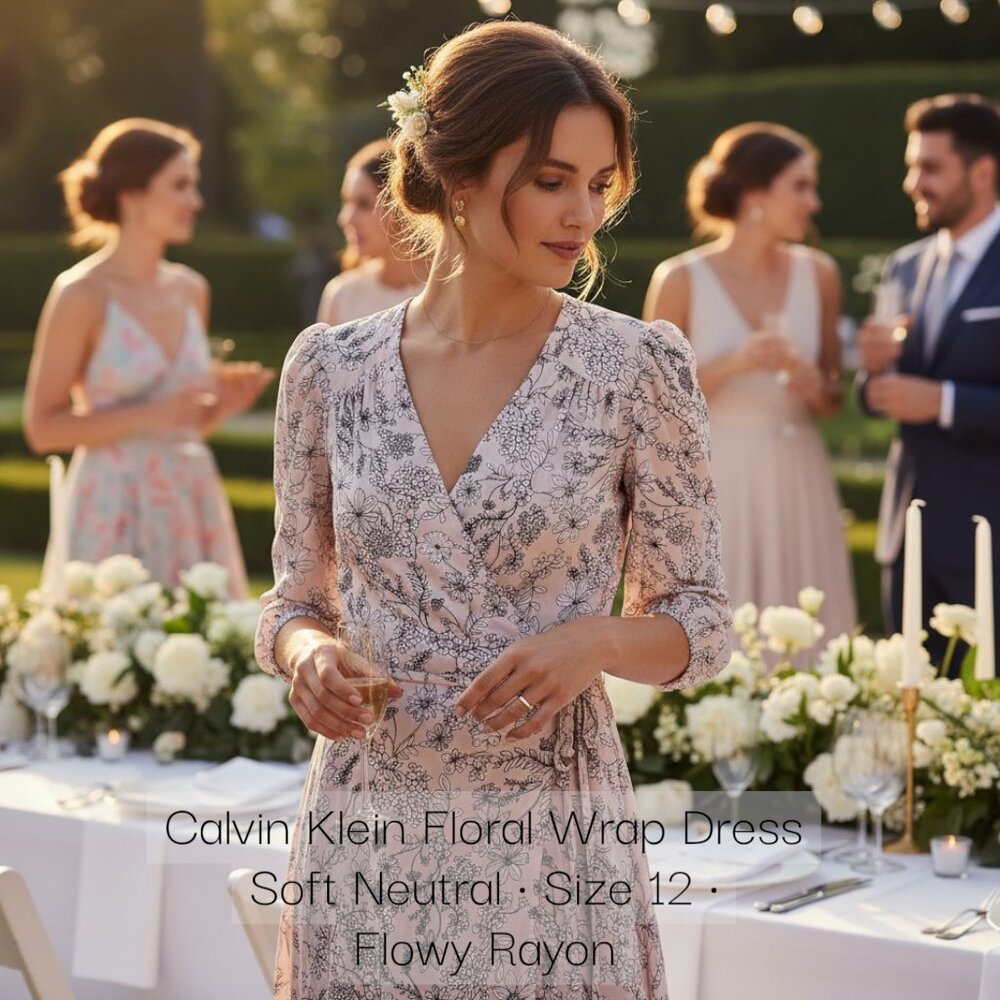 Calvin Klein Pale Blush Floral Midi Wrap Dress